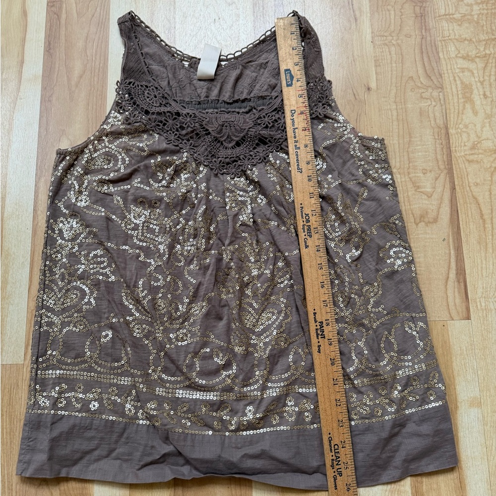 Anthropologie Brown and Gold Sequin & Lace Blouse sleeveless large worn once